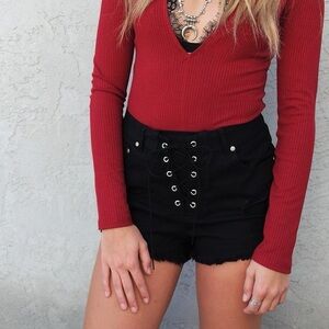 Black Denim Lace-Up Shorts